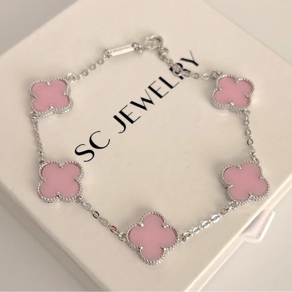 Hot Pink Clover Bracelet 5 Motif Double Sided Silver Chain - Picture 6 of 11